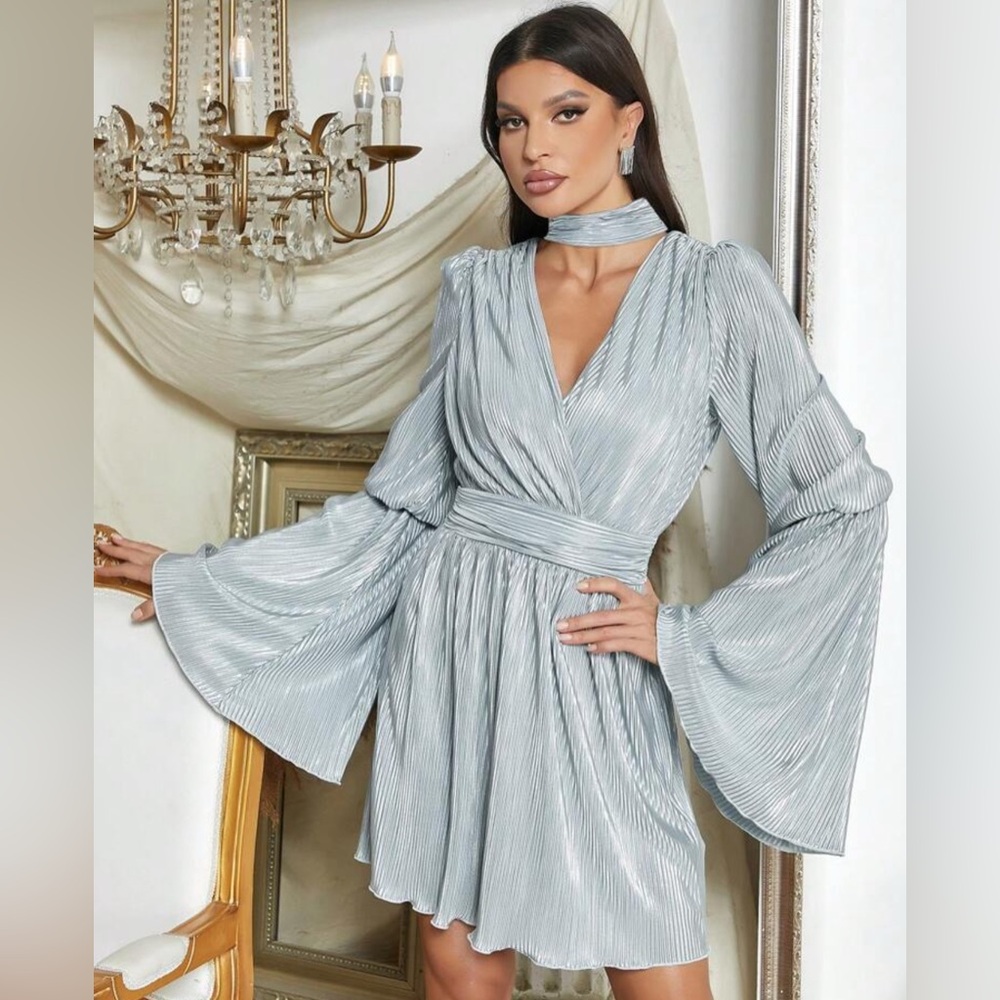 Elegant Vintage Dress Silver V-Neck Ballon sleeves Cinched waist - Size L - Picture 5 of 11